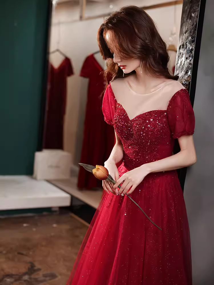 Simple A line Burgundy Sequin Long Prom Dress B666