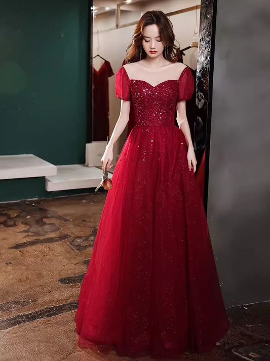 Robe de bal longue à paillettes bordeaux simple ligne A B666