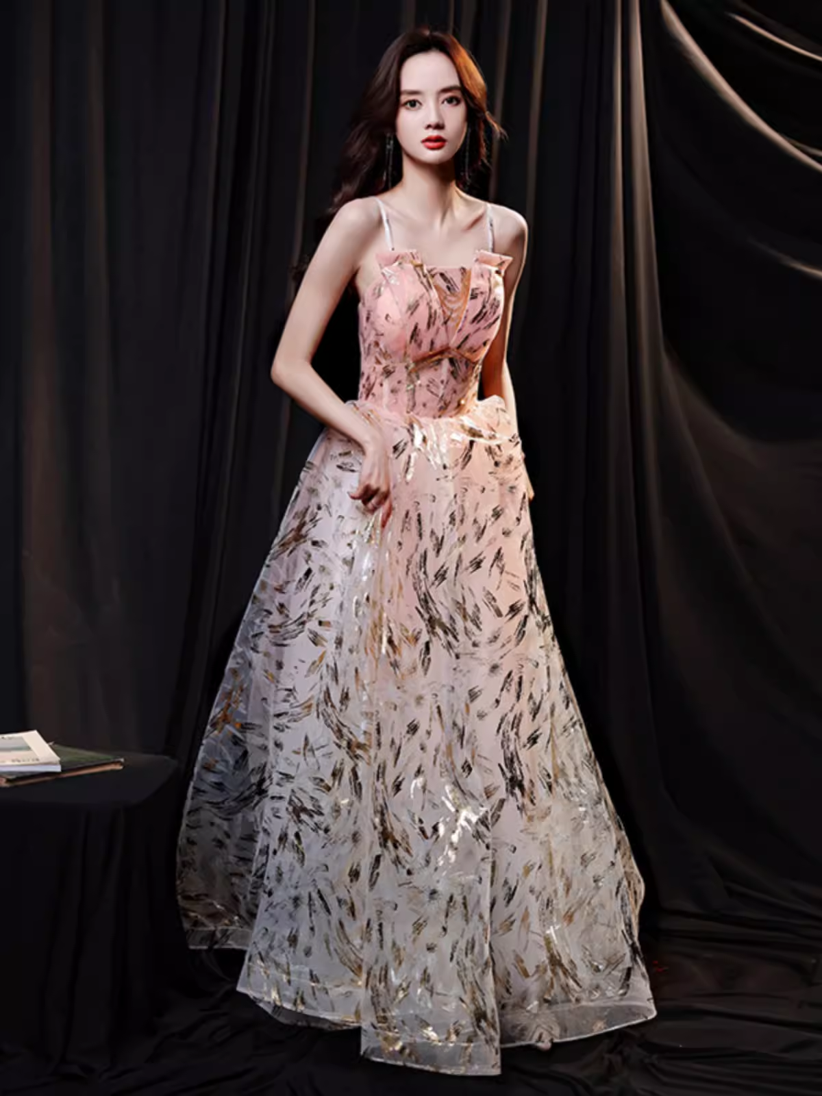 Robe de bal longue rose simple, ligne A, bretelles Spaghetti, paillettes, B668