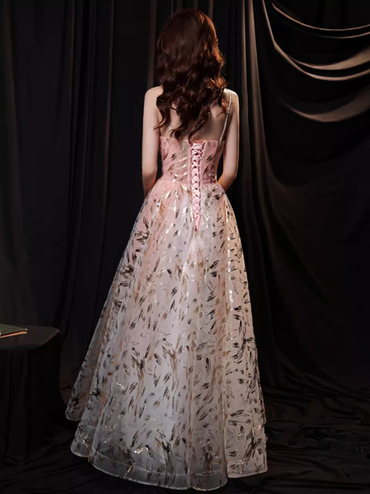 Robe de bal longue rose simple, ligne A, bretelles Spaghetti, paillettes, B668