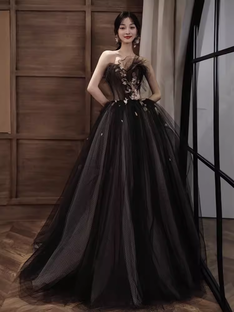 Simple A line Strapless Black Tulle Lace Long Prom Dress B670