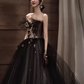 Simple A line Strapless Black Tulle Lace Long Prom Dress B670