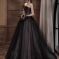 Simple A line Strapless Black Tulle Lace Long Prom Dress B670