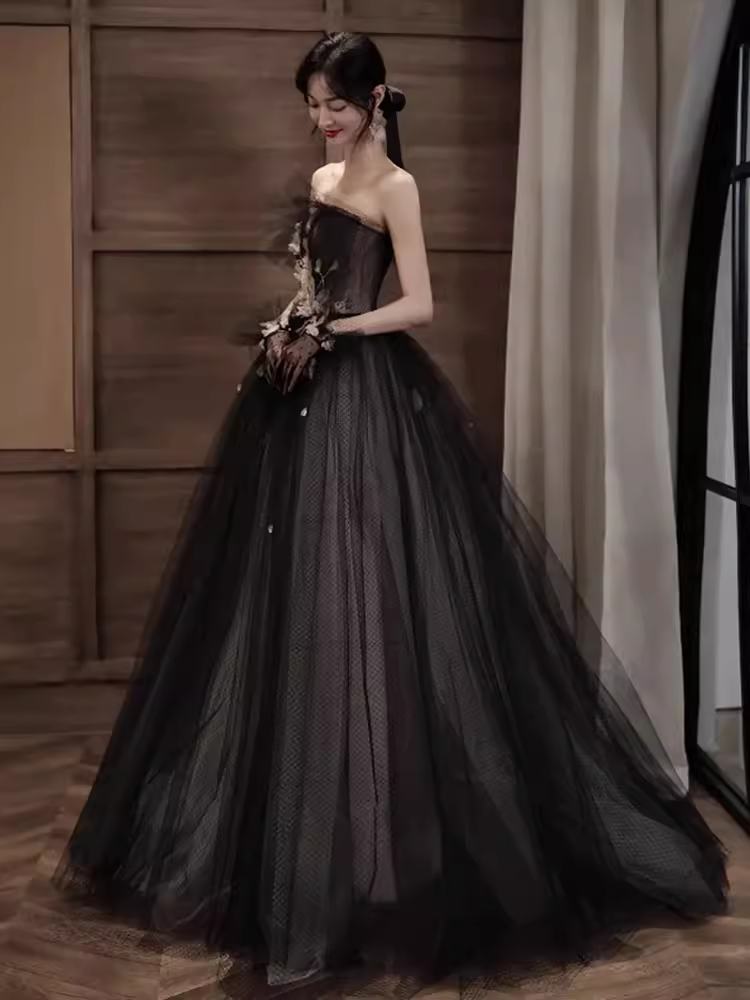 Simple A line Strapless Black Tulle Lace Long Prom Dress B670