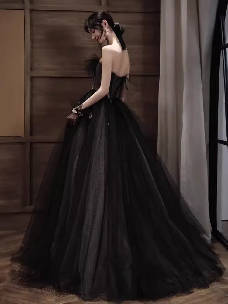 Simple A line Strapless Black Tulle Lace Long Prom Dress B670