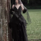 Vintage A line Straps Black Tulle Velvet Long Prom Dress B671