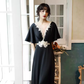 Vintage A line V Neckline Black Long Prom Dress B672