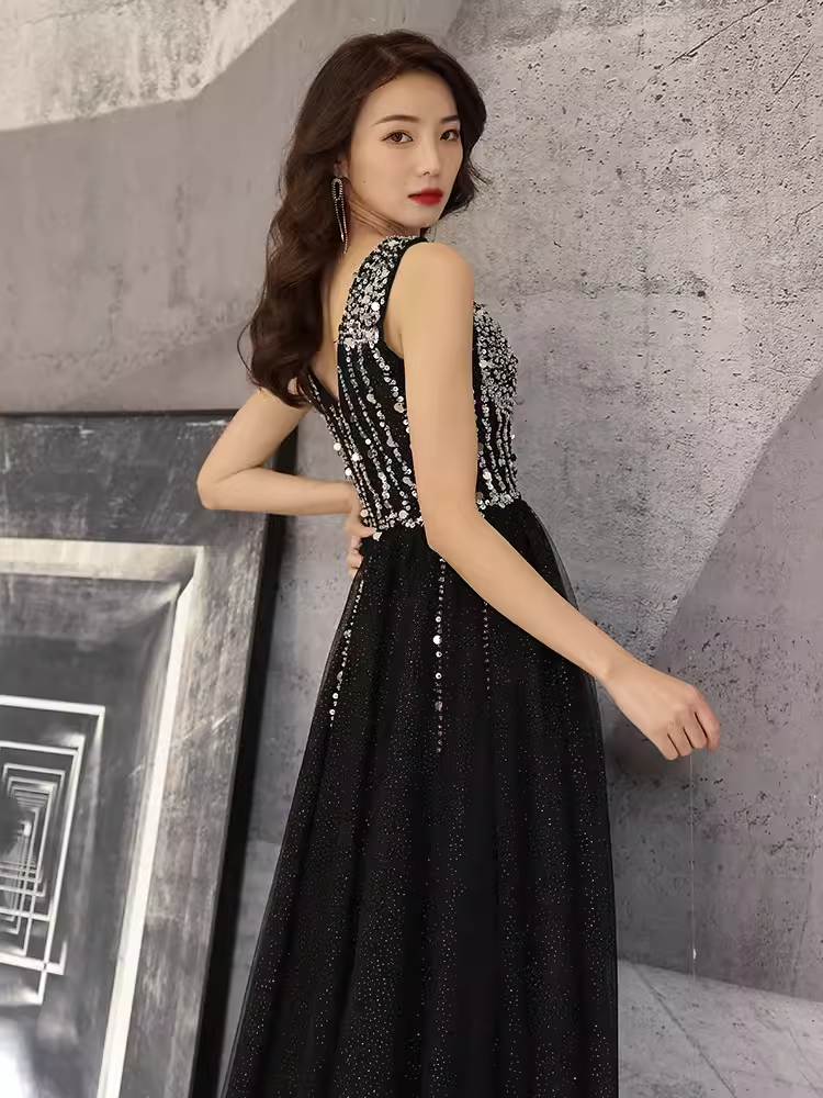 Simple A line V Neckline Black Beads Long Prom Dress B673