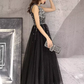 Simple A line V Neckline Black Beads Long Prom Dress B673