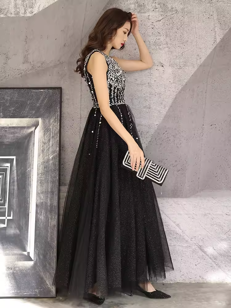 Simple A line V Neckline Black Beads Long Prom Dress B673