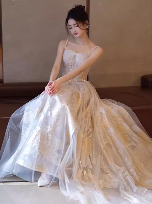 Simple A line Straps Sequin Long Prom Dress B674