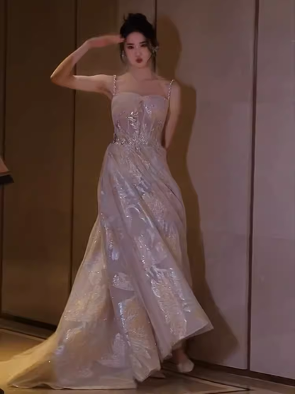 Robe de bal longue à paillettes et bretelles simples, ligne A, B674