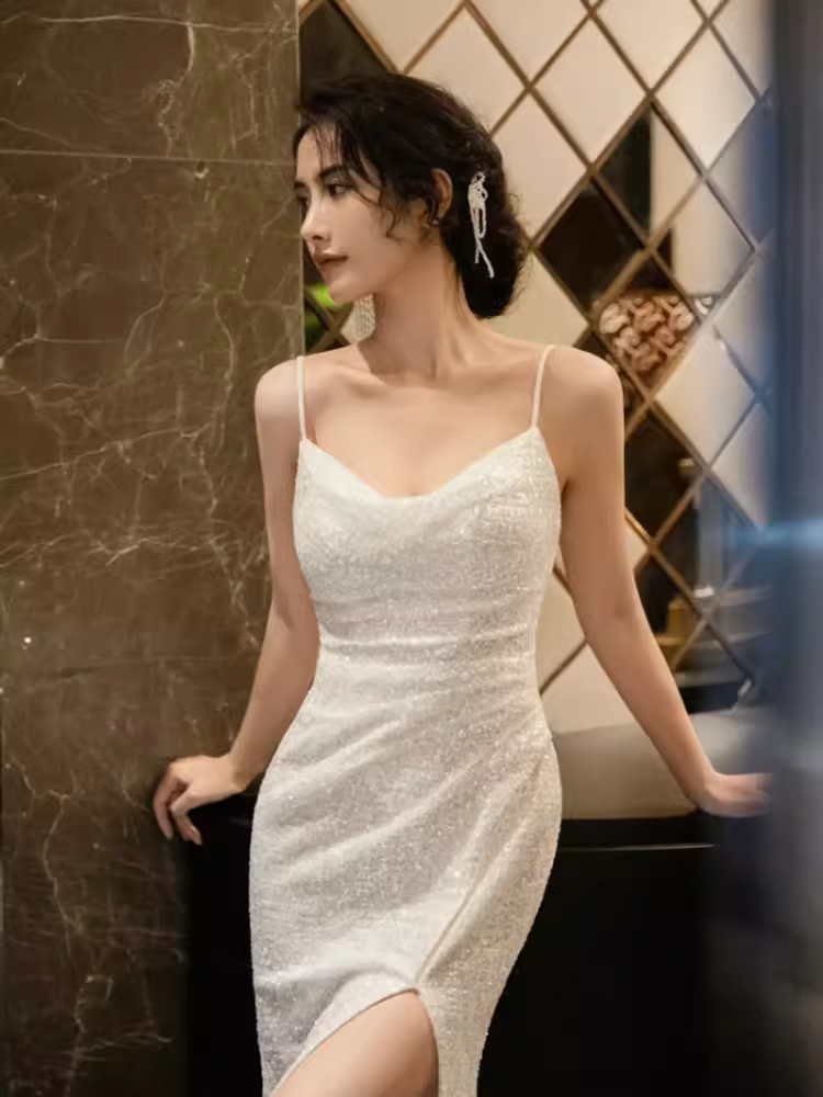 Sexy Mermaid Straps Sequin White Long Prom Dress B676