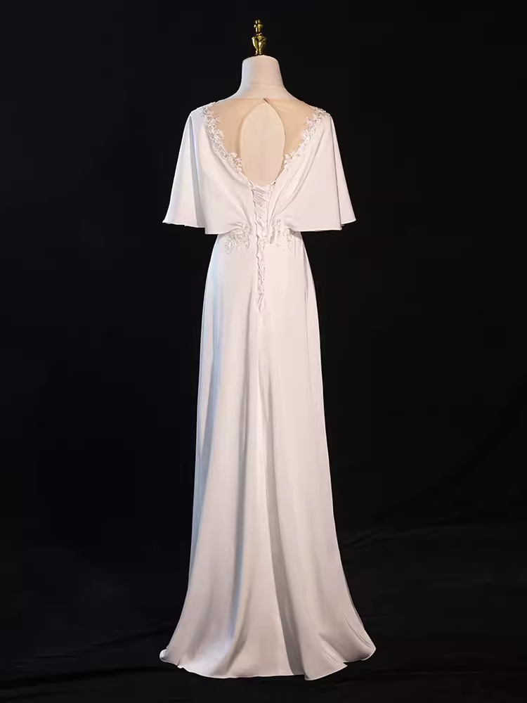 Sexy A line Short Sleeves Lace White Long Prom Dress B677