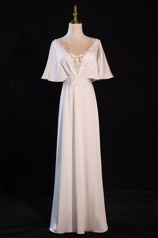 Sexy A line Short Sleeves Lace White Long Prom Dress B677