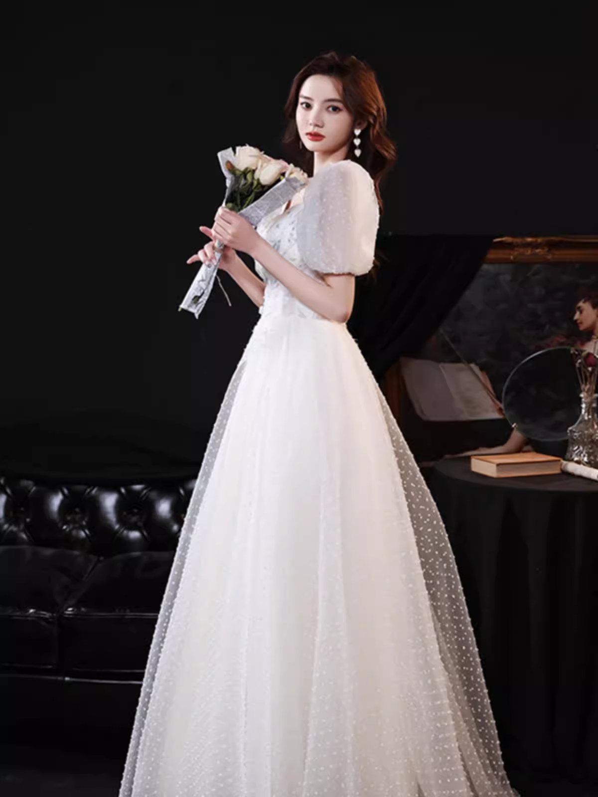 Cute A line Short Sleeves White Long Prom Dress B678
