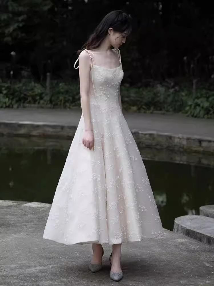 Vintage A line Sleeveless White Lace Prom Dress B679