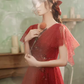 Vintage A line Short Sleeves Tulle Red Prom Dress B681