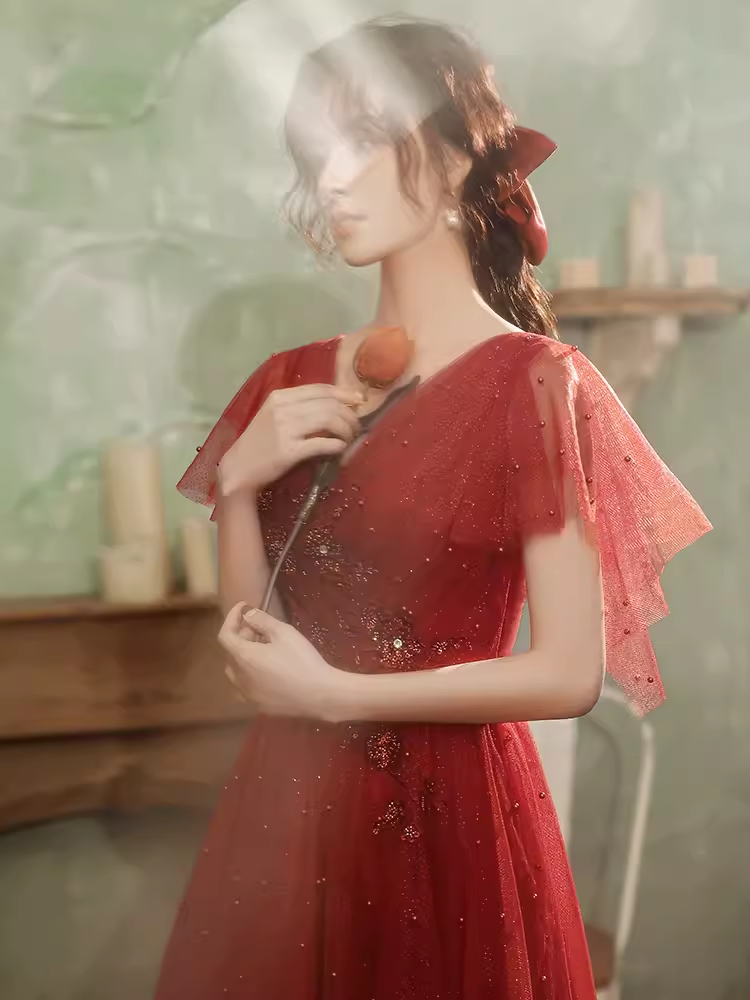 Vintage A line Short Sleeves Tulle Red Prom Dress B681