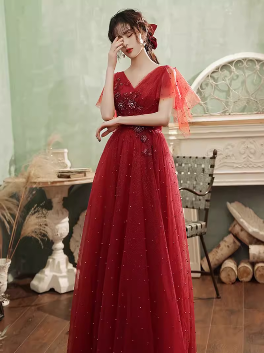 Vintage A line Short Sleeves Tulle Red Prom Dress B681