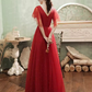 Vintage A line Short Sleeves Tulle Red Prom Dress B681