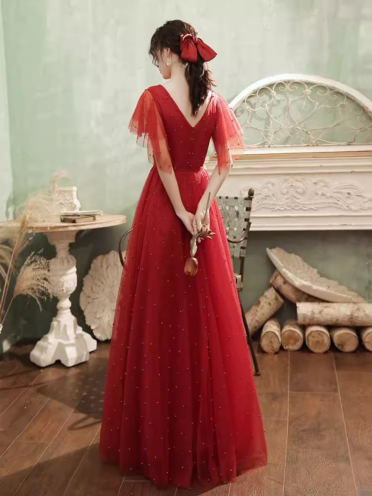 Vintage A line Short Sleeves Tulle Red Prom Dress B681