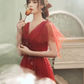 Vintage A line Short Sleeves Tulle Red Prom Dress B681