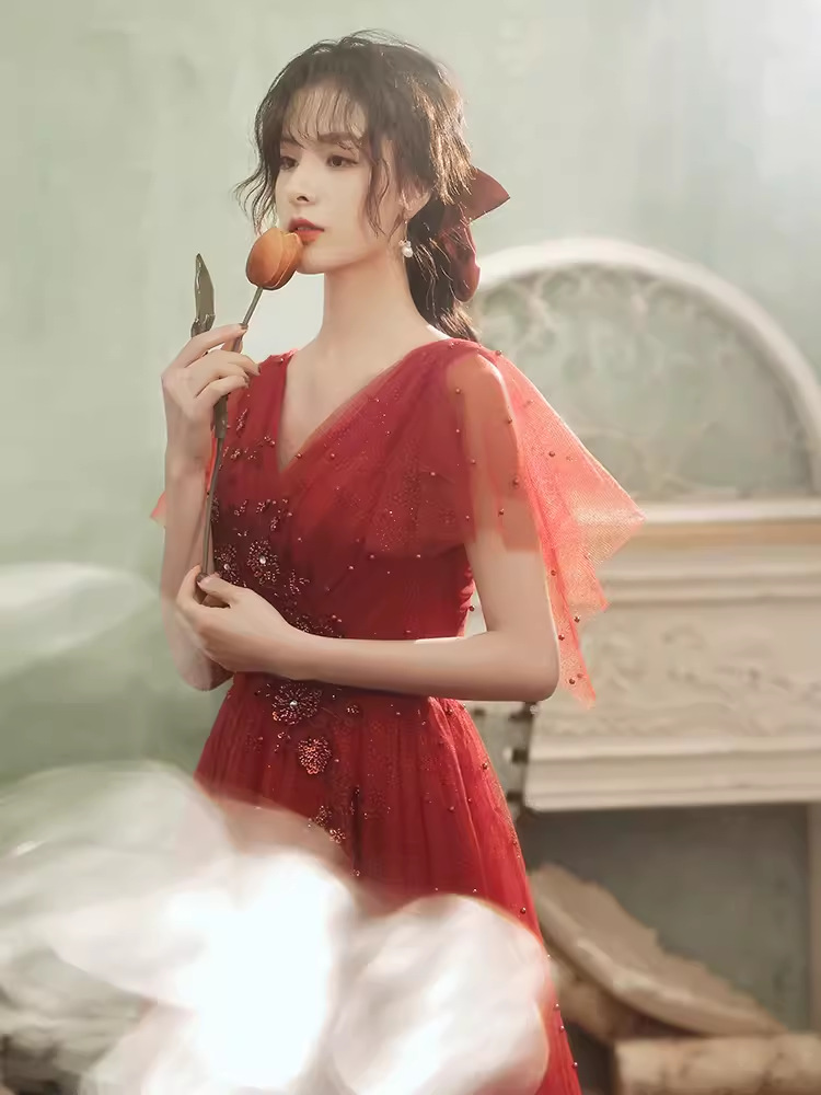Vintage A line Short Sleeves Tulle Red Prom Dress B681