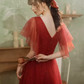 Vintage A line Short Sleeves Tulle Red Prom Dress B681