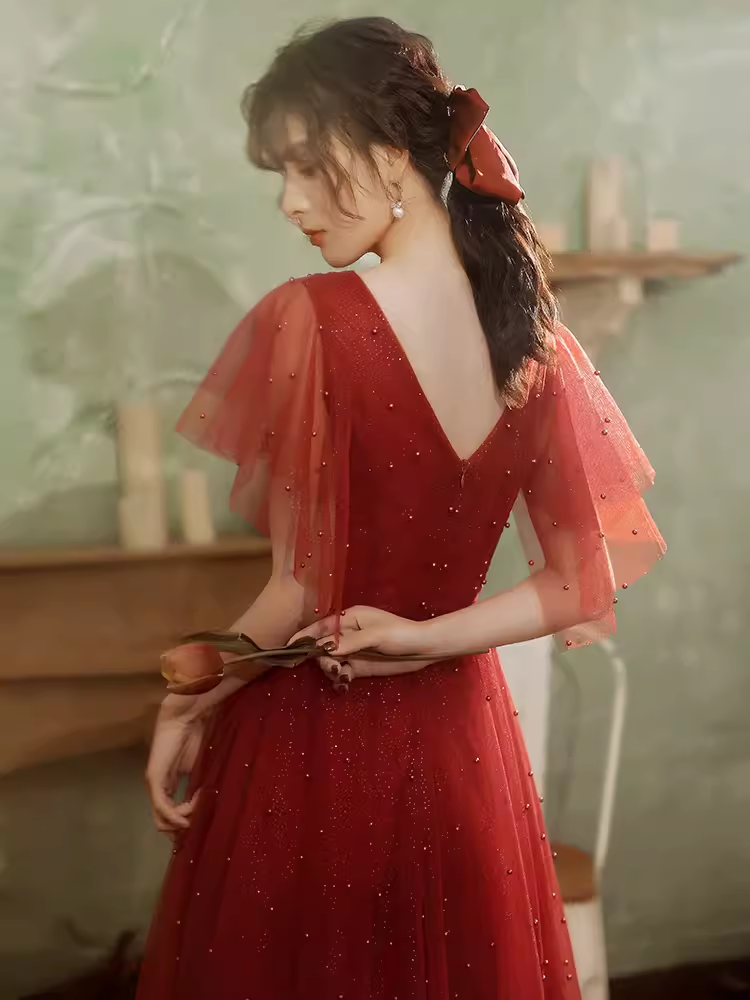 Vintage A line Short Sleeves Tulle Red Prom Dress B681