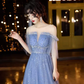 Vintage A line Short Sleeves Tulle Blue Prom Dress B680
