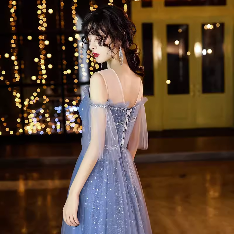 Vintage A line Short Sleeves Tulle Blue Prom Dress B680