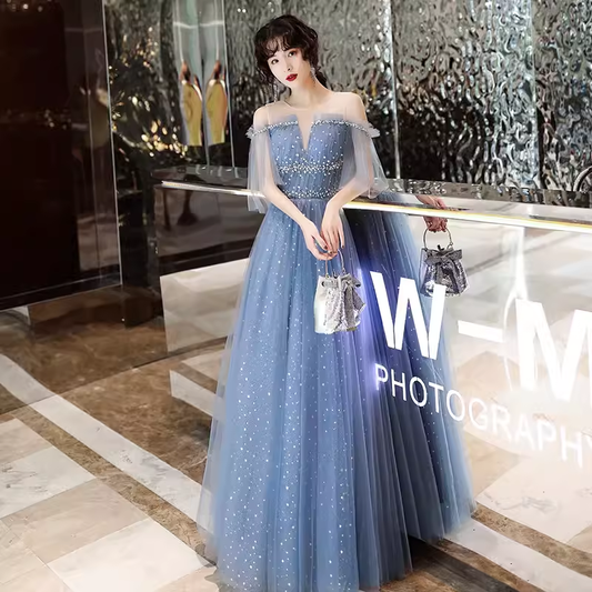 Vintage A line Short Sleeves Tulle Blue Prom Dress B680