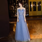Vintage A line Short Sleeves Tulle Blue Prom Dress B680
