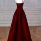 Sexy Wine Red A-Line Straps Satin Long Burgundy Prom Dresses D087