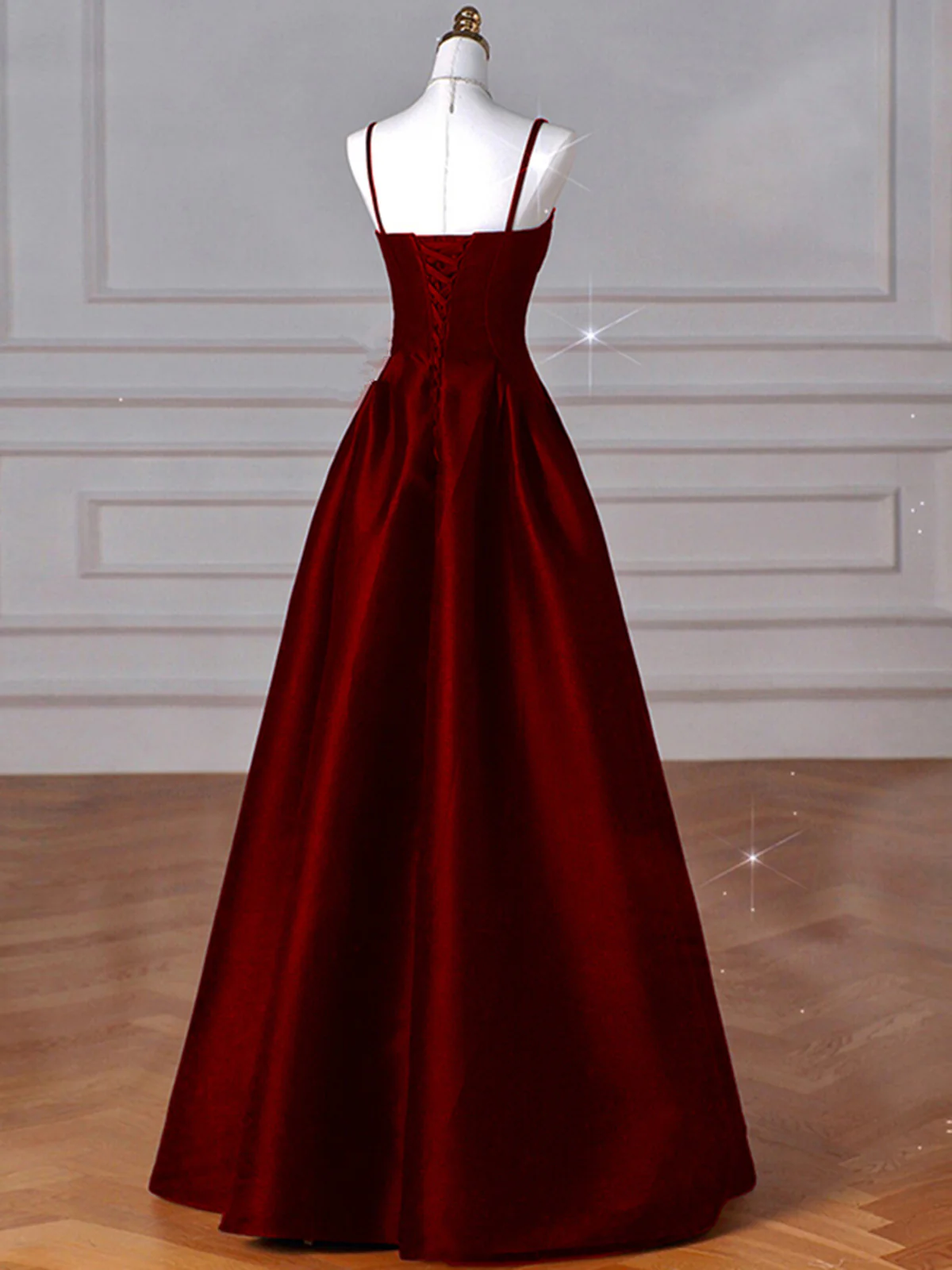 Sexy Wine Red A-Line Straps Satin Long Burgundy Prom Dresses D087