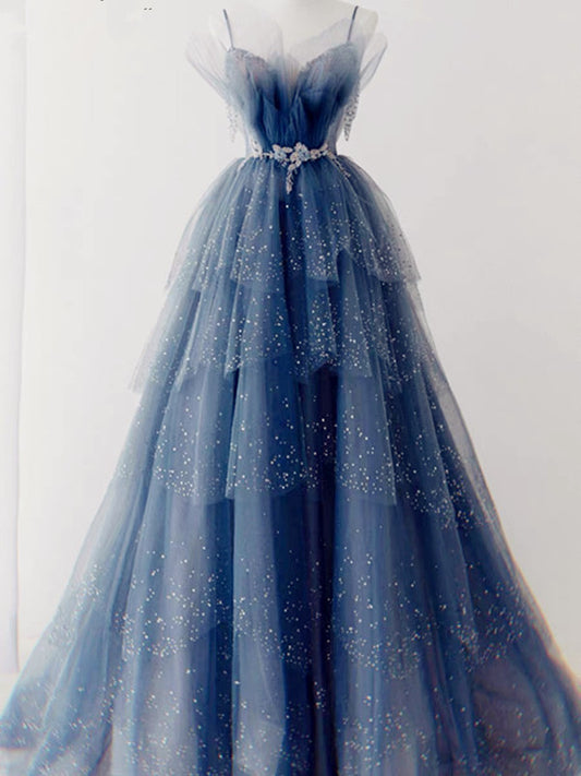 Robe de bal élégante à bretelles longue en tulle bleu robe de bal B492