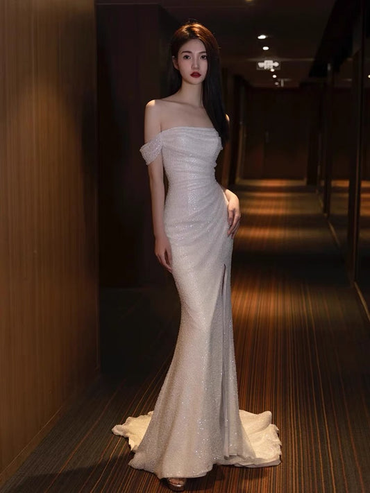 Robe de bal longue sirène sexy, épaules dénudées, fente latérale, paillettes, B792
