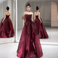 Elegant Ball Gown Strapless Burgundy Organza Long Prom Dress B503