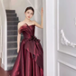 Elegant Ball Gown Strapless Burgundy Organza Long Prom Dress B503