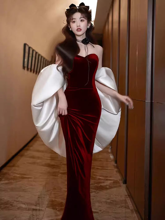 Modest Mermaid Strapless Burgundy Long Prom Dresses B758