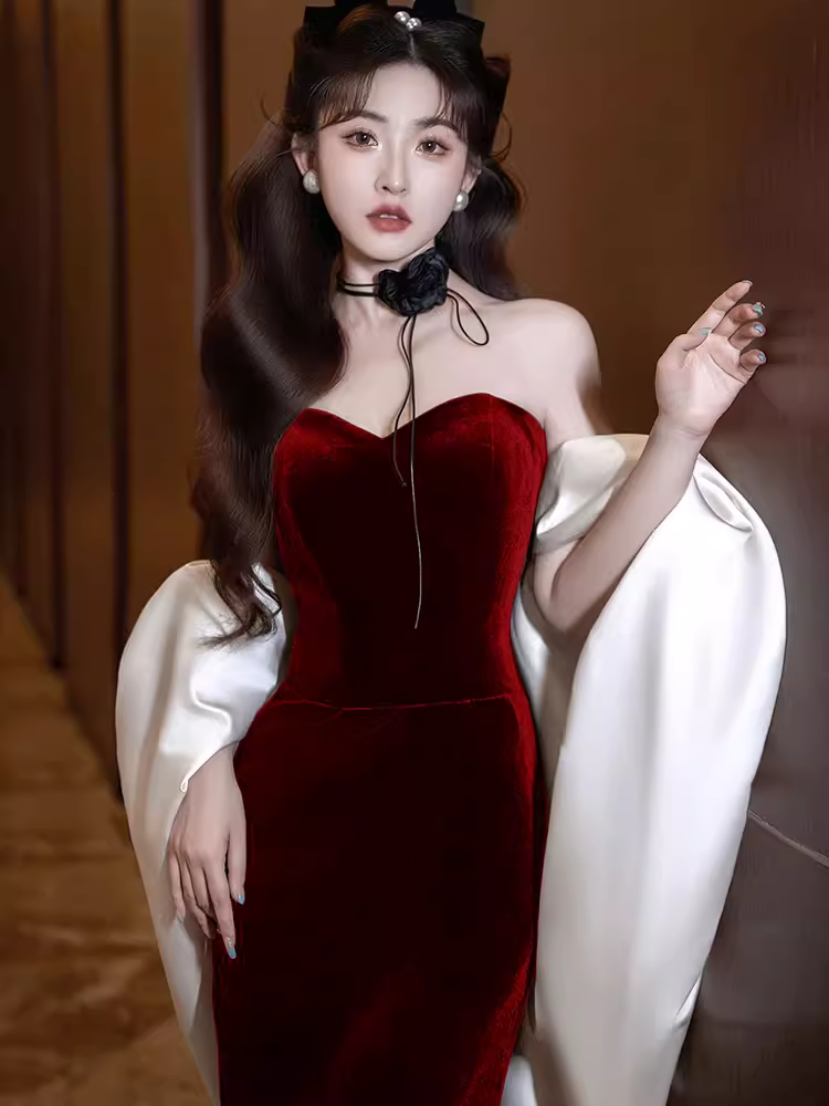Modest Mermaid Strapless Burgundy Long Prom Dresses B758
