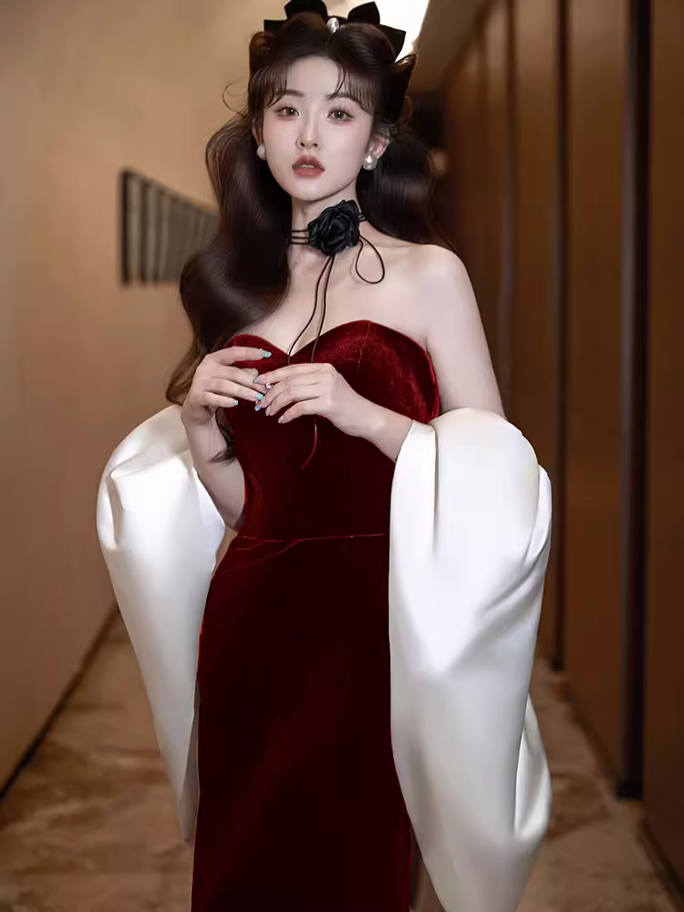 Modest Mermaid Strapless Burgundy Long Prom Dresses B758