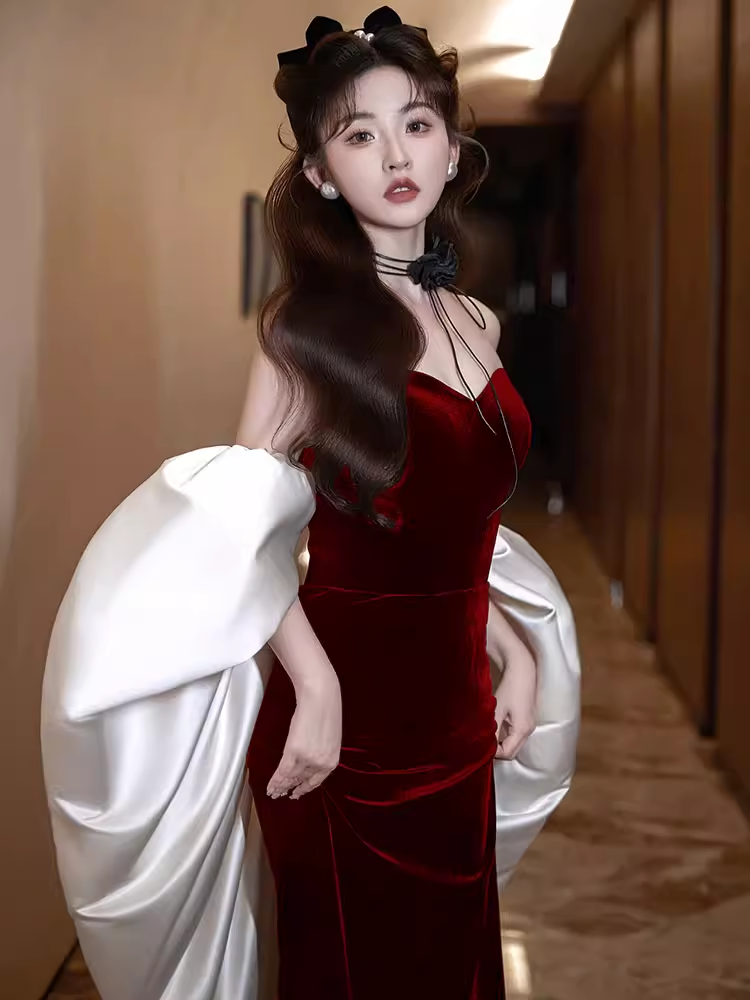 Modest Mermaid Strapless Burgundy Long Prom Dresses B758