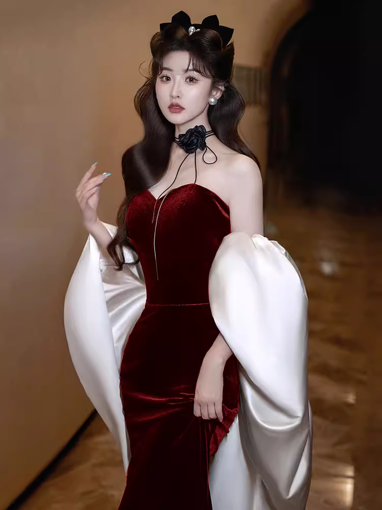 Modest Mermaid Strapless Burgundy Long Prom Dresses B758