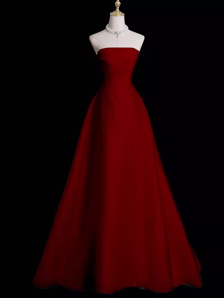 Sexy A Line Strapless Sleeveless Burgundy Long Prom Dress B388