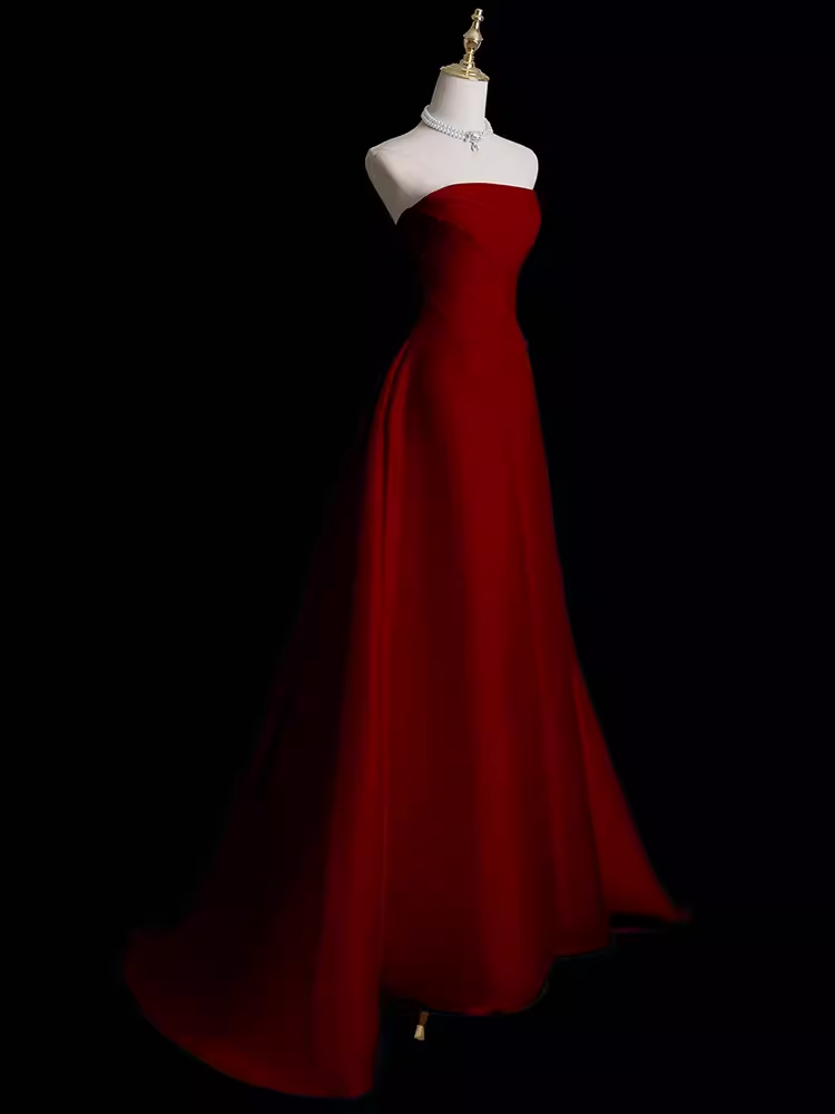 Sexy A Line Strapless Sleeveless Burgundy Long Prom Dress B388