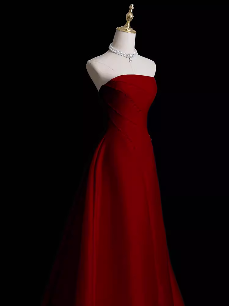 Sexy A Line Strapless Sleeveless Burgundy Long Prom Dress B388