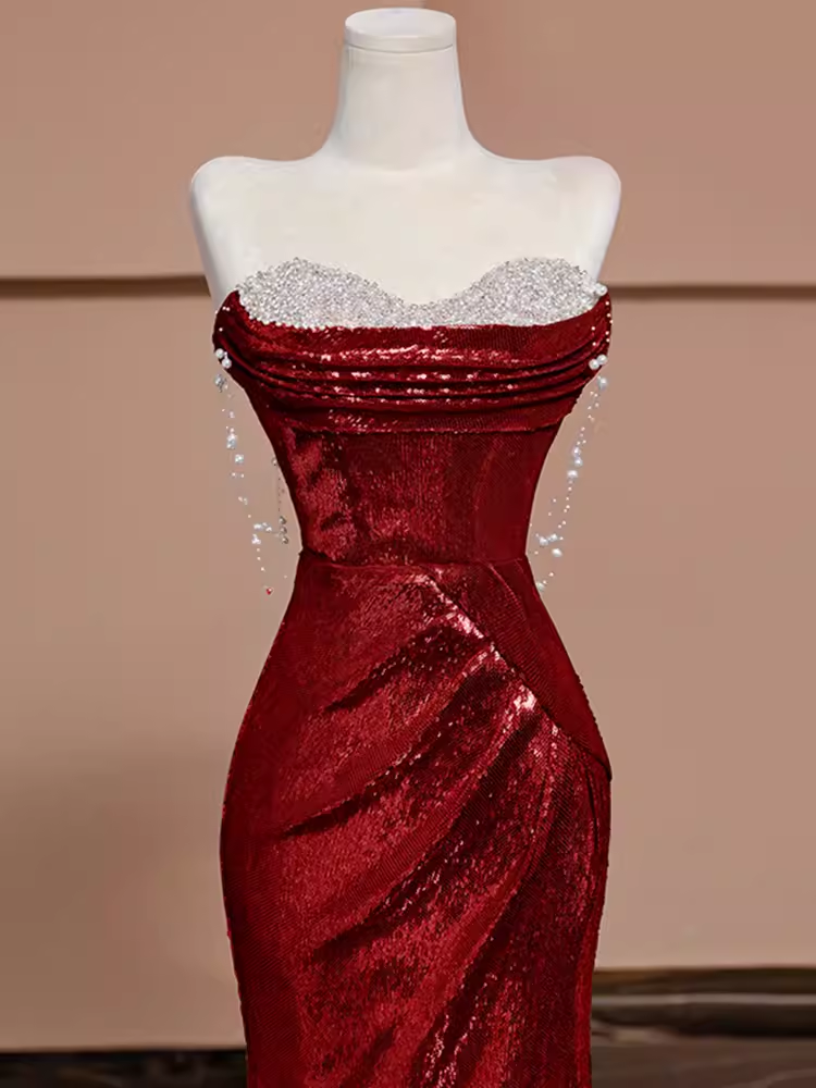 Sexy Mermaid Burgundy Sequin Long Prom Dress B361