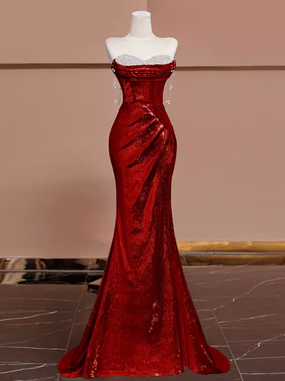 Sexy Mermaid Burgundy Sequin Long Prom Dress B361